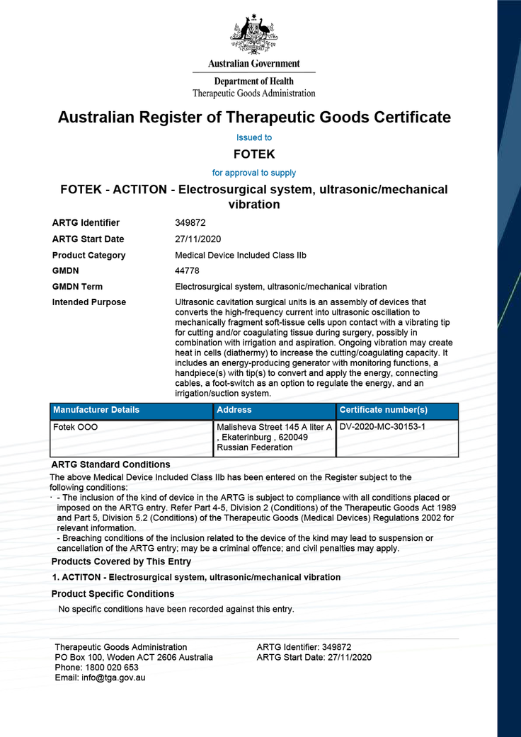 Australian Register 
of Therapeutic Goods Certificate